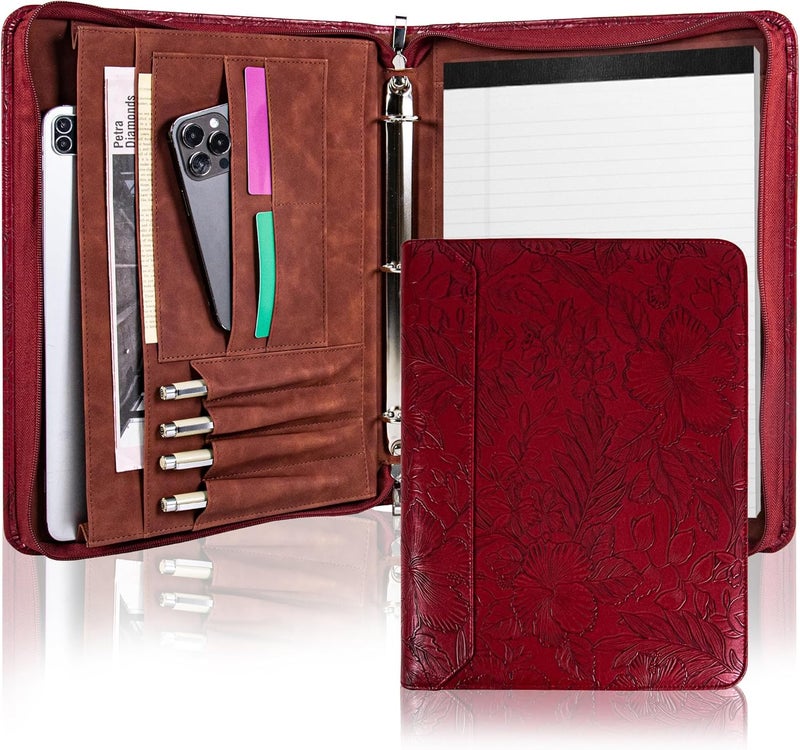 Wekinor Vintage Red Embossed Planner Binder,Padfolio for Women,Leather Binder 3 Ring,A4 PU Leather Portfolio,Legal Size Padfolio,Business Portfolio for Women - Image 1